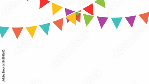 Colorful bunting flags hanging against a plain white background festive decorations