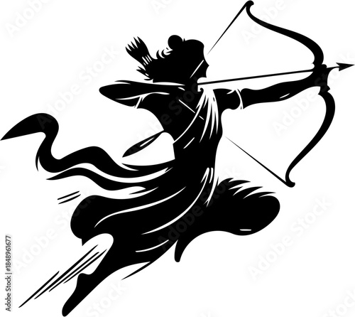 Silhouette of a mythological warrior aiming a bow and arrow, ready to strike with precision