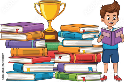Happy school boy reading book beside colorful stack of textbooks and trophy, education success illustration concept