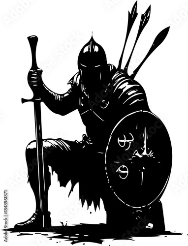 A brave warrior kneels, wounded by arrows, yet holds his sword and shield firmly, embodying resilience and unyielding courage in the face of combat