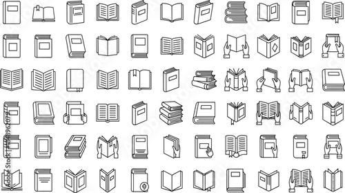 Minimal outline book icon set showing reading, studying, library, education, publishing, and knowledge concepts in line style