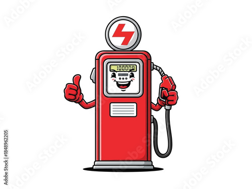 A cartoon illustration of a vintage red gas pump with a smiling face and thumbs up.
