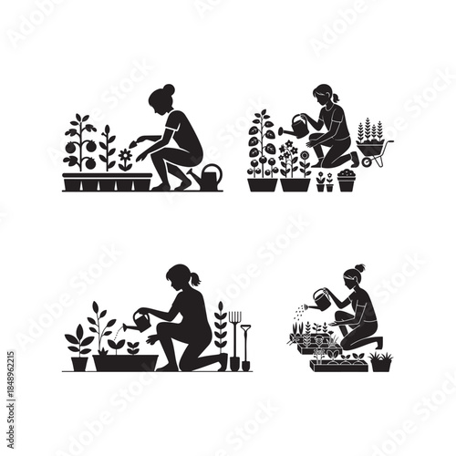Black Color Gardening Hobby Outdoor Lifestyle Gardening Hobby Outdoor Lifestyle Silhouette Vector Illustration, Solid White Background.