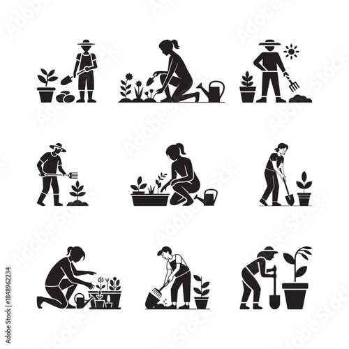 Black Color Gardening Hobby Outdoor Lifestyle Gardening Hobby Outdoor Lifestyle Silhouette Vector Illustration, Solid White Background.