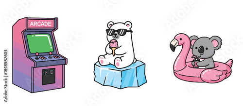 Cute cartoon illustration set with retro arcade machine, polar bear eating ice cream, and koala on flamingo float flat vector design for kids and playful projects