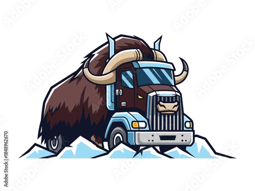A cartoon illustration of a musk ox merged with a semi-truck, standing on ice.