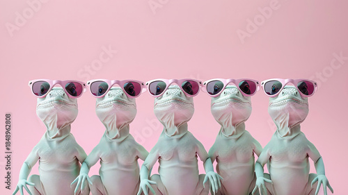 Iguana reptile friends group in sunglass on solid vibrant backdrop for advertising campaigns