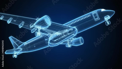 Detailed 3D wireframe airplane model flying through dark blue space with glowing blue lines