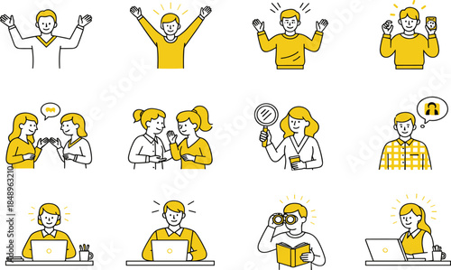 People emotions and activities illustration set showing communication, study, work, happiness, research, and daily life concepts