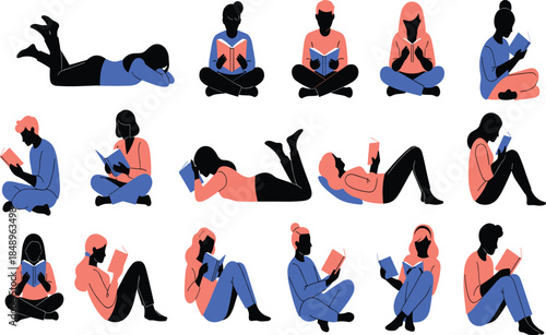 People reading books in different relaxed poses illustration representing study habits, leisure reading, learning lifestyle, and modern education concept