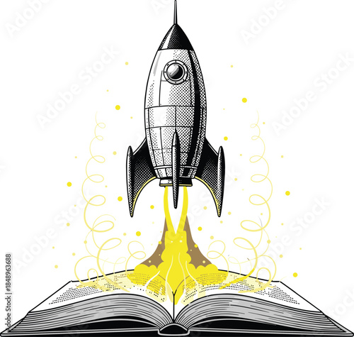 Rocket launching from an open book illustration symbolizing imagination, innovation, education, creativity, and limitless learning potential