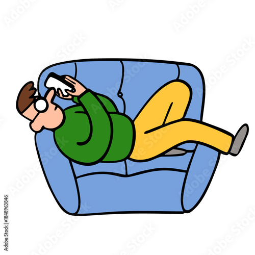 Man laying on a sofa and looking at the phone