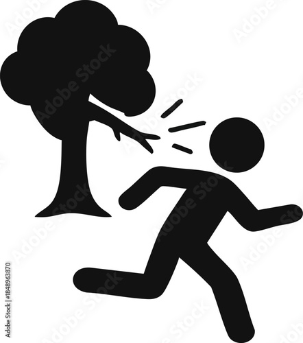 Black silhouette icon of a person running away from a dangerous tree branch