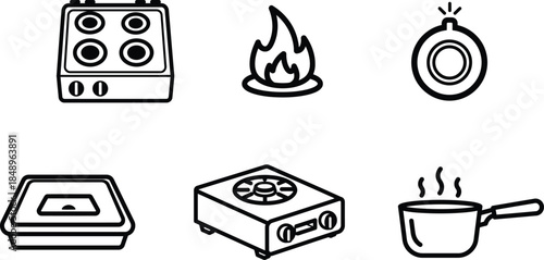 black and white line drawing of kitchen appliances and cooking related objects