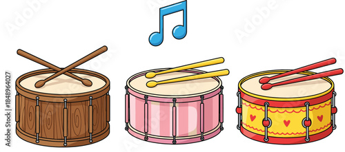 Cute drum instruments cartoon illustration set with colorful snare drums and drumsticks flat vector design for music, kids, and education projects