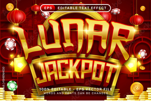 Lunar jackpot 3d text effect and editable text effect with lanterns and Chinese ornaments