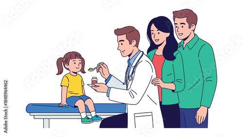 Pediatrician's Care: A caring pediatrician administering medicine to a child, while the parents look on with reassurance and support. Demonstrating trust, well-being, and care in healthcare settings.