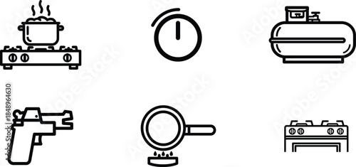 Black and white line icons of kitchen appliances and tools on white background