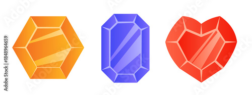 Three shiny gemstones of different shapes. Illustration on a transparent background