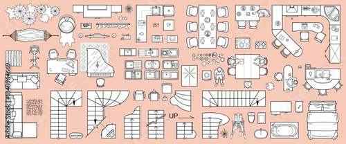 Set of furniture top view for apartments plan. The layout of the apartment design, technical drawing. Interior icon for bathrooms, living room, kitchen, bedroom, hallway . Vector illustration