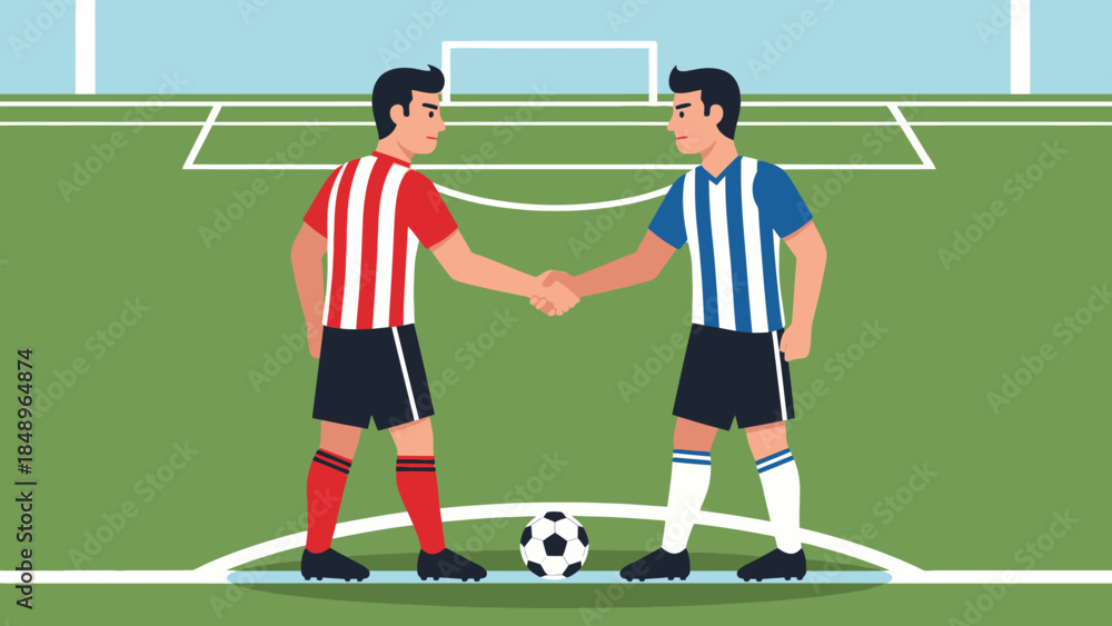 Φωτογραφία Two male soccer football players in different team uniforms shaking hands on a green stadium pitch with a ball, showing sportsmanship after a match