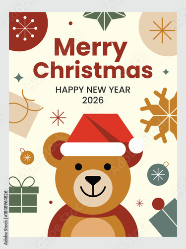 Festive Christmas & New Year Greeting Card – Cute Santa Bear Illustration Flyer design