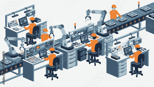 Isometric view of an automated factory production line with workers operating machinery and robotic arms, manufacturing products efficiently.