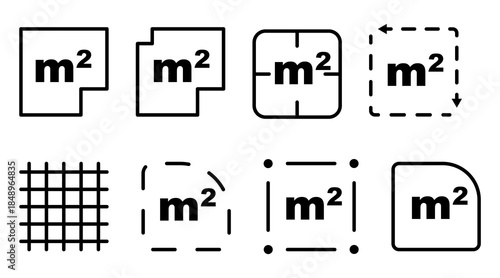 Square meter icon with M2 sign representing flat area measurement in square metres. Measuring land or space area symbol. Place dimension pictogram in clean outline style