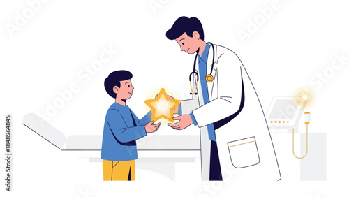 Medical Recognition: A dedicated doctor presents a golden star to a child, symbolizing care, healing, and appreciation within a medical setting.