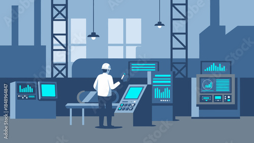 Engineer worker monitoring industrial processes from a control room in a factory with multiple computer screens and data analysis.