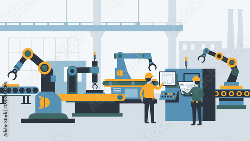 Factory workers controlling an advanced industrial assembly line with robotic arms and machinery in a modern plant.