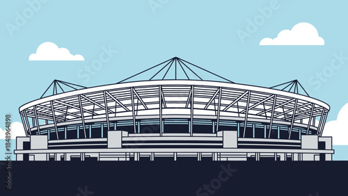 Grand exterior view of a modern sports stadium or arena under a blue sky with clouds.