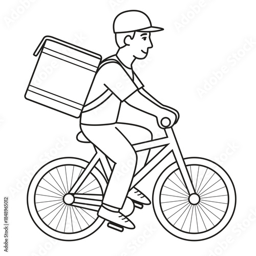 A courier in a cap with a large square box on his back rides a bicycle, side view. Vector illustration isolated on a white background