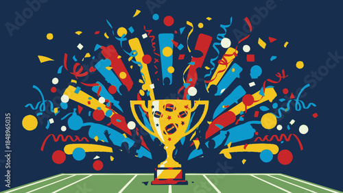 Golden Trophy Cup with Exploding Confetti and Streamers on a Sports Field Celebrating Victory