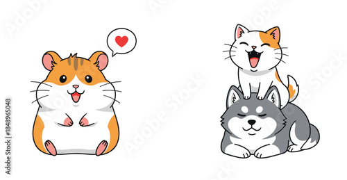 Cute hamster and funny cat riding dog cartoon character illustration set flat vector design for kids, pets, stickers, and playful projects