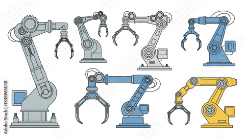 Collection of Various Industrial Robotic Arms and Manipulators on Bright Background