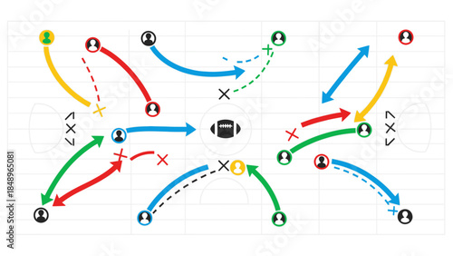 American Football Play Diagram with Player Positions and Strategy Arrows on White Background