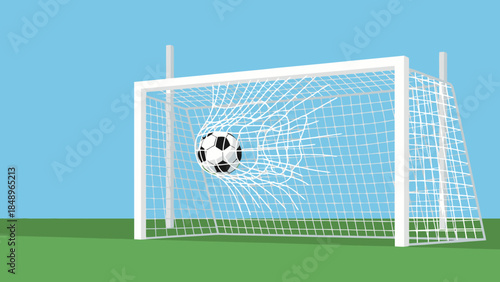 Soccer ball hitting the back of the net in a goal on a green field under a clear blue sky, depicting a moment of scoring.