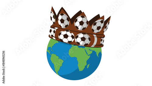 Earth globe wearing a crown made of soccer balls, symbolizing global football championships and worldwide passion for the sport, on an isolated white background.