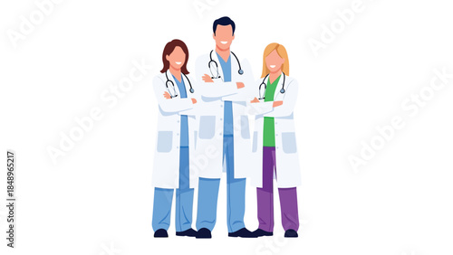 Medical Professionals United: A confident trio of medical experts, stands together, displaying unity and expertise, embodying trust and professionalism.