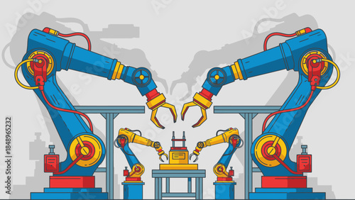 Two industrial robotic arms collaborating on an assembly line, depicting automation and precision in a modern factory setting.