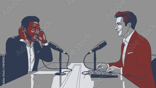 Two professional men engaged in a serious discussion or interview in a radio or podcast studio with microphones and sound equipment.