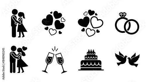 Collection of black silhouette wedding and love icons, including embracing couples, hearts, wedding rings, cake, doves, and champagne glasses on an isolated white background.