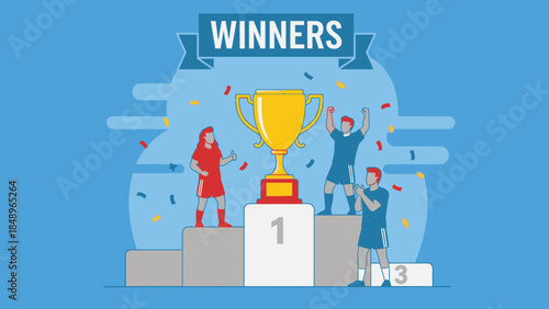 Vector illustration of a businessman hand holding a success trophy on a winner podium as a cartoon icon symbol for business team work and job idea concept