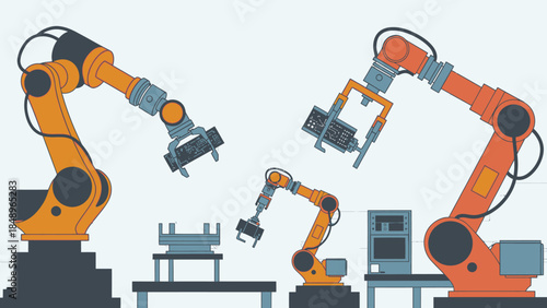 Vector illustration of a construction worker using an industrial shovel alongside heavy orange machinery like an excavator and robot power tools for building works isolated on white
