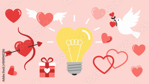 Cute pink heart shaped balloons and a light bulb vector illustration for a romantic Valentine's Day holiday card design symbol of love and art