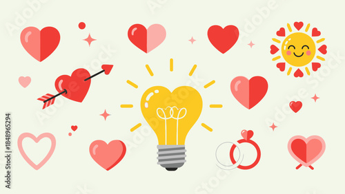 Creative concept of love and ideas with various heart icons, a shining lightbulb, smiling sun, and cupid's arrow on a light cream background.