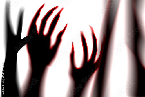 Shadow overlay effect for halloween background with Terrifying scary hands with long nails, Creepy monster claw, silhouette of hands transparent background, zombie hand rising out of a graveyard 
