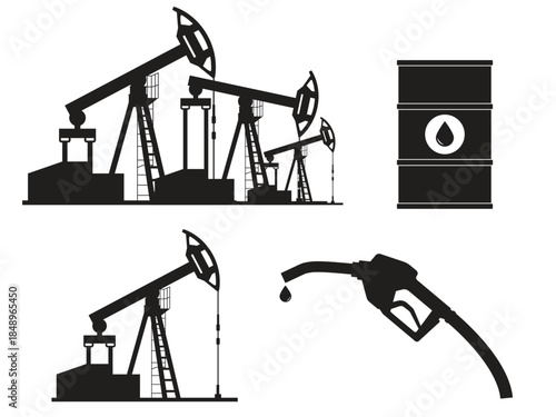 A collection of black silhouettes of elements on the theme of oil and fuel - an oil rig, a barrel of oil, a fuel nozzle. Vector illustration isolated on a white background