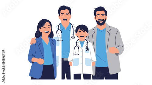 Caring Medical Family: a compassionate medical professional family laughing joyfully, dressed in matching lab coats, radiates warmth and dedication.